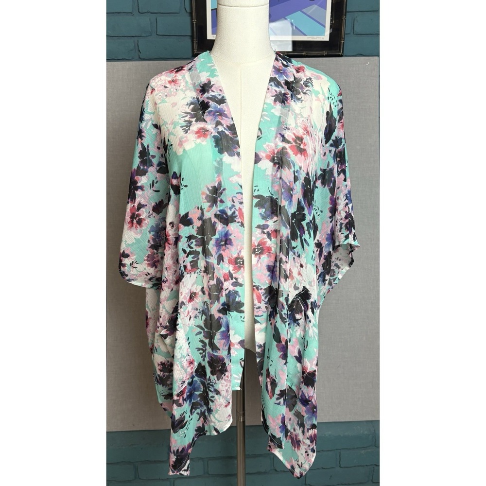 Arizona Jeans Aqua Blue Floral Kimono Sheer Summer Size Boho Festival Top Summer